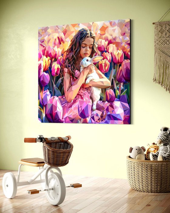 GIRL WITH RABBIT AND TULIPS