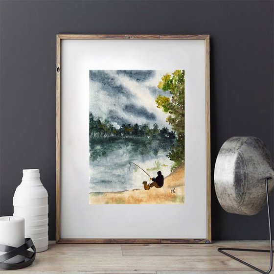 Man and Dog Painting Fishing Original Art Lake Watercolor Small River Landscape Wall Art 8 by 12" by Halyna Kirichenko