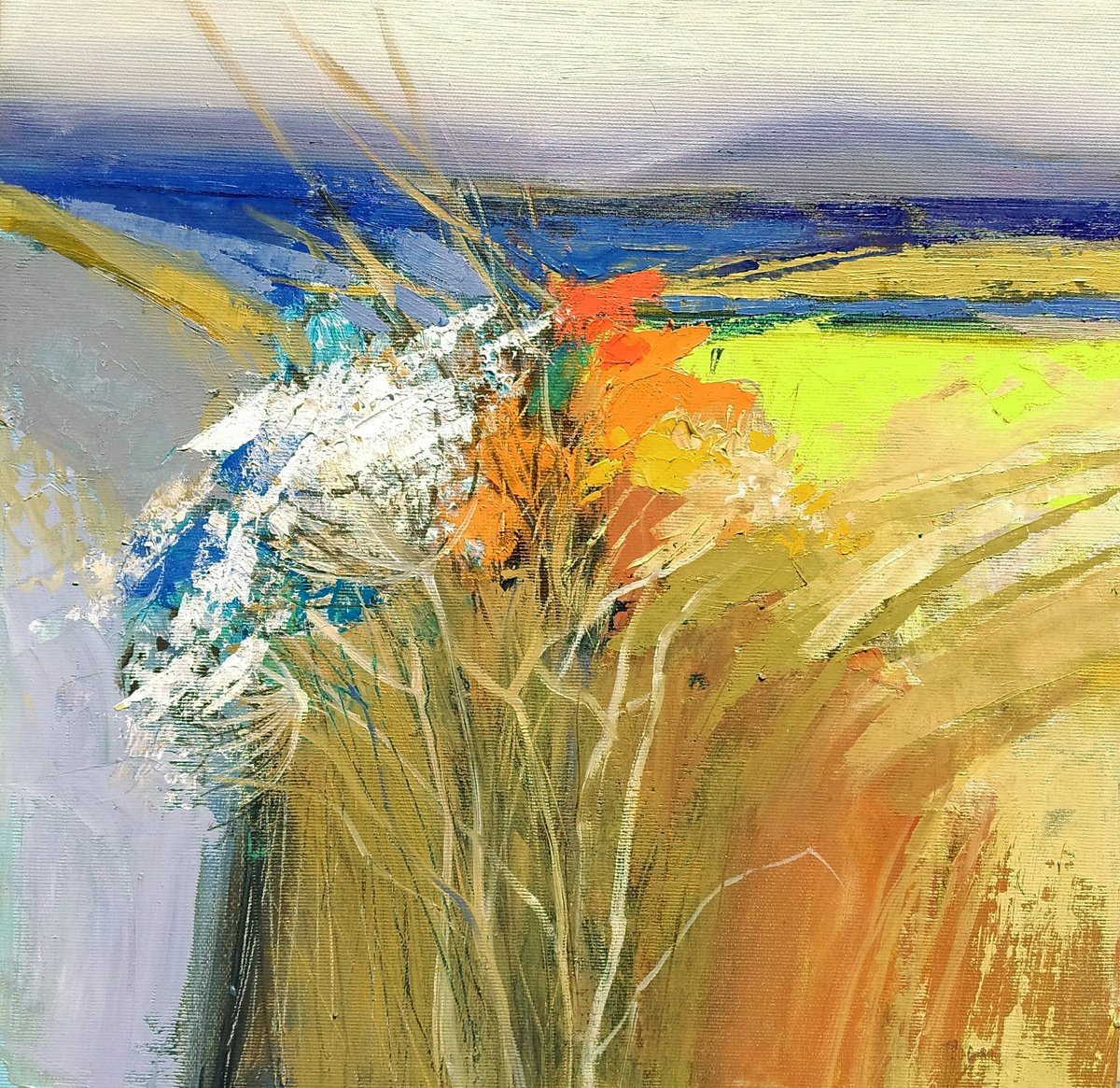 Impressionistic Landscape Oil Painting By Victoria Cozmolici, 16 X 16", Wild Flowers, Original Artwork