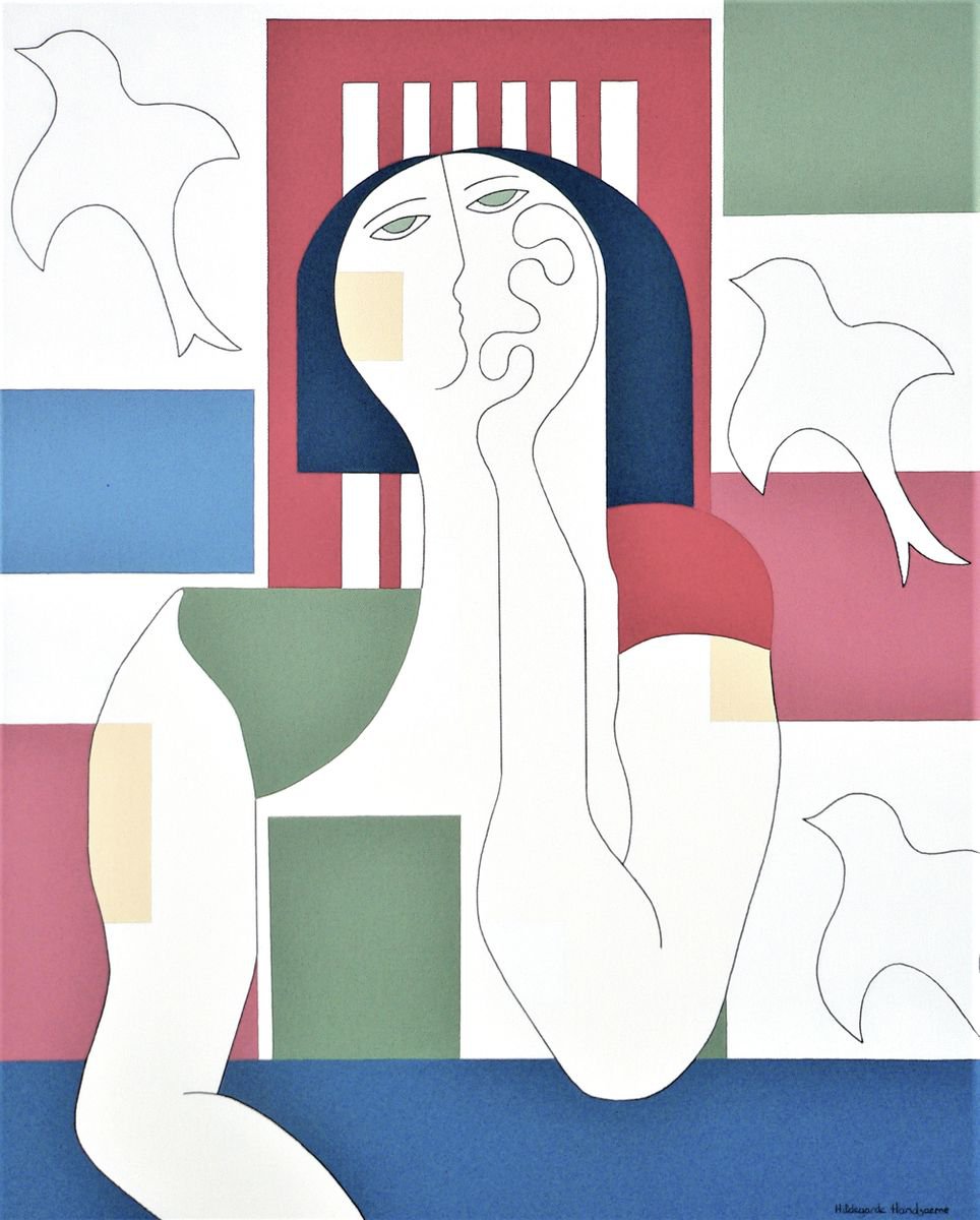 Geometric Portrait Acrylic Painting By Hildegarde Handsaeme, 31 X 39, Escape In Dreams, Original Artwork