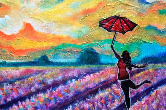 Lavender Field Walk-girl With Umbrella