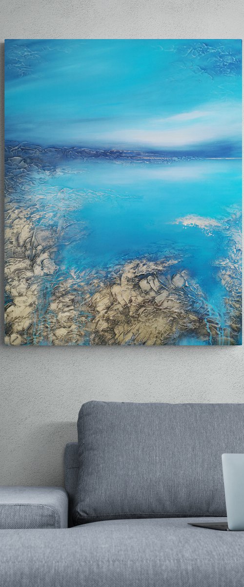 A XL large original modern semi-abstract painting "Blue Lagoon" by Vera Hoi