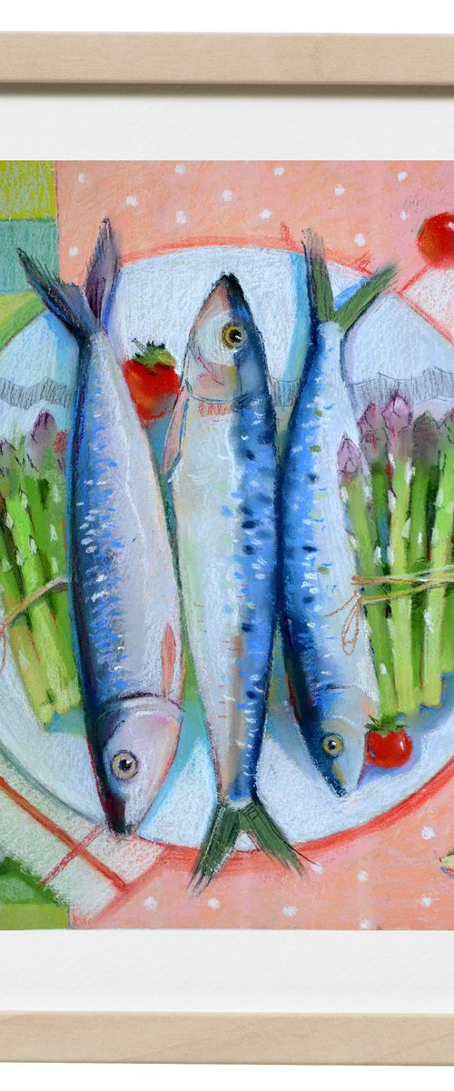 Still life with fish, fresh asparagus and cherry tomatoes by Alexandra Sergeeva