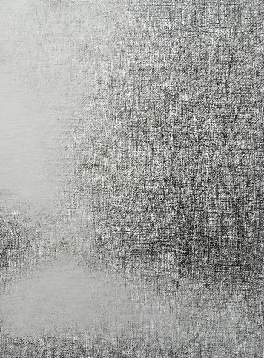 Impressionistic Landscape Pencil Drawing By Oksana Duchenchuk, 12 X 16", Snowy Weather, Original Artwork