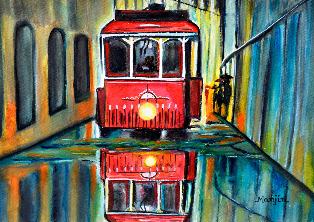 Red Tram Rainy landscape watercolor painting on sale by Manjiri Kanvinde