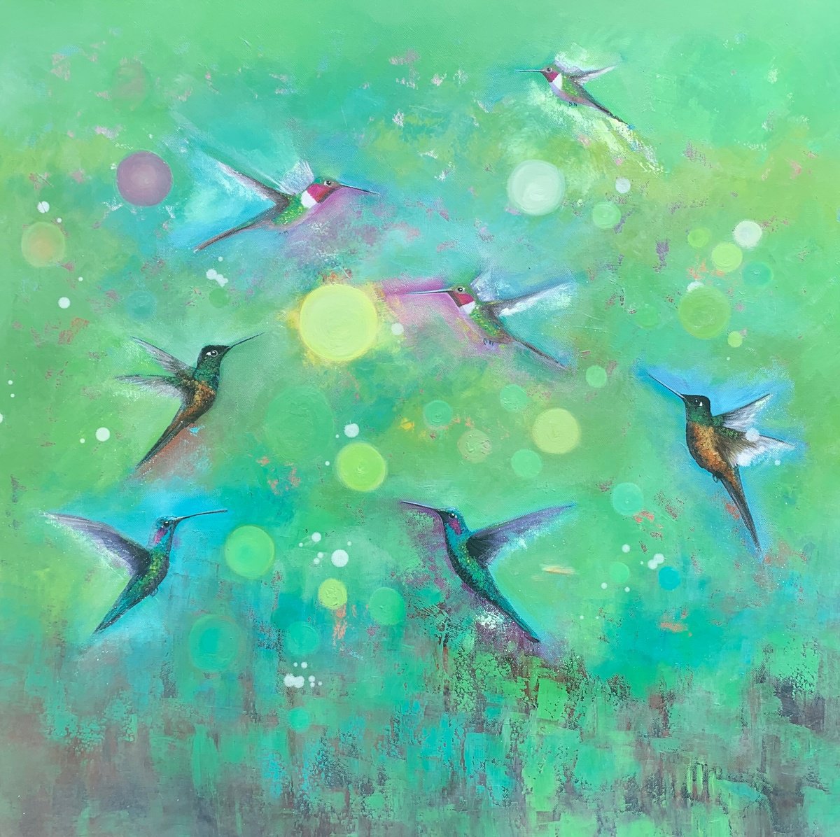 Impressionistic Animal Oil Painting By Laure Bury, 36 X 36", Magical Orbs And Hummingbirds, Original Artwork