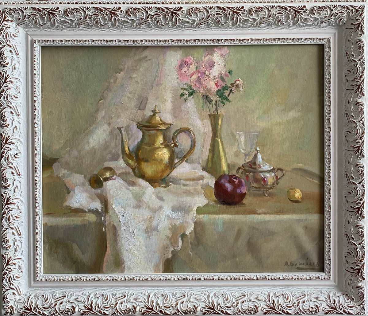 Impressionistic Still Life Oil Painting By Andriy Berekelia, 5 X 0, The Gold Of Comfort, Original Artwork