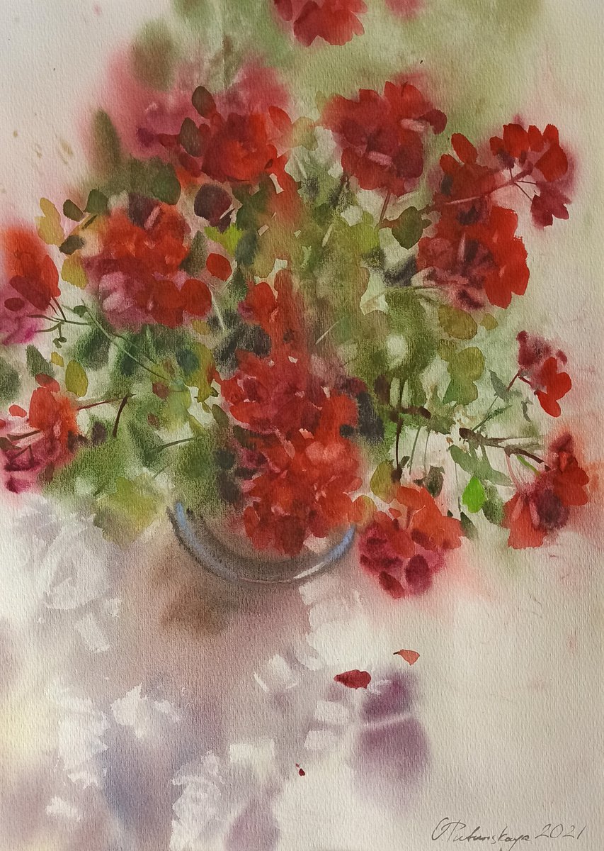 Impressionistic Botanical Watercolour By Olha Retunska, 15 X 22", Geranium., Original Artwork