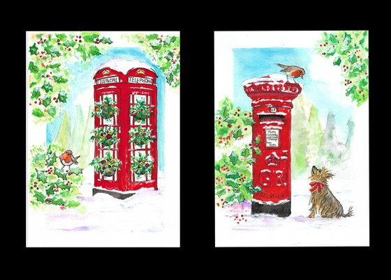 Red mailbox and phone box Christmas