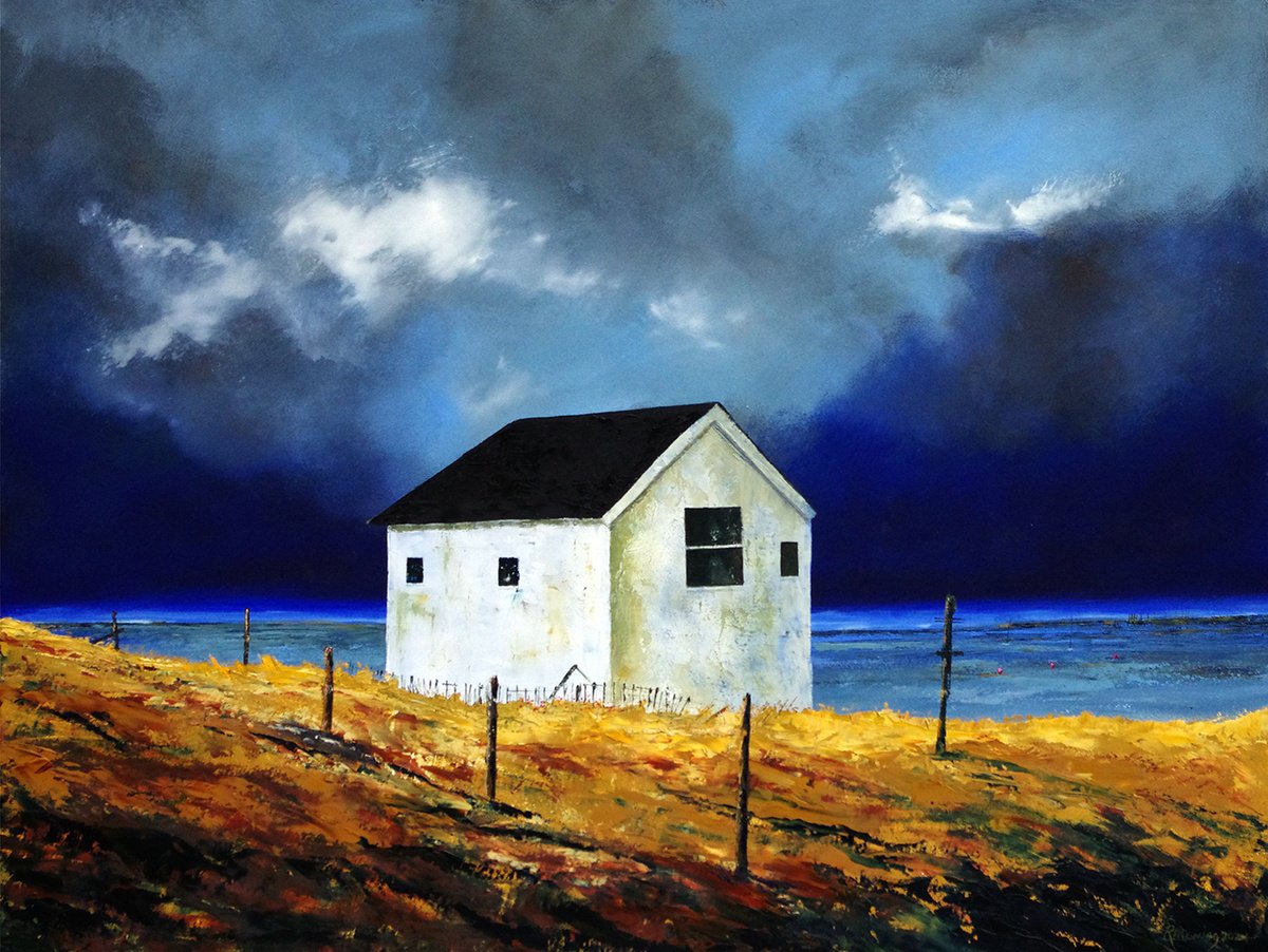 Abstract Landscape Oil Painting By Richard Manning, 40 X 30", Hut On The Sea Wall, Original Artwork