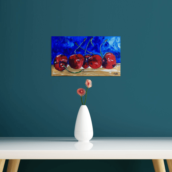 Cherries. Still life. Palette knife painting on linen canvas