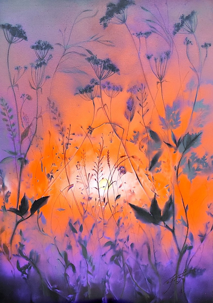 Expressive Botanical Painting By Elena Kraft, 20 X 28, Foggy Sunset, Original Artwork