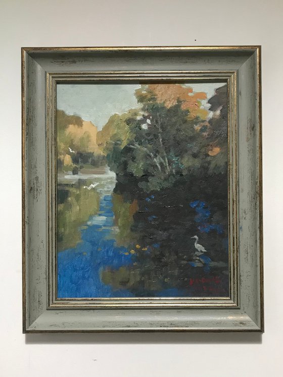 Original Oil Painting Wall Art Signed unframed Hand Made Jixiang Dong Canvas 25cm × 20cm Landscape Blue Mesopotamia River Small Impressionism Impasto