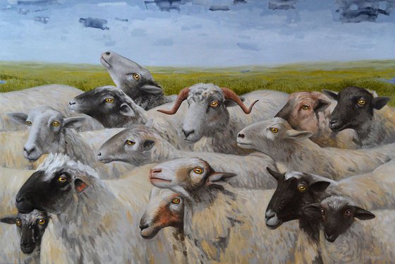 Find me please..., oil painting with sheeps