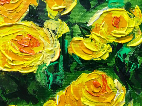 FIELD OF YELLOW, ORANGE, WHITE  ROSES  palette knife modern decor MEADOW OF FlOWERS, LANDSCAPE,  office home decor gift