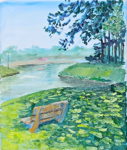 Sunny day at the lake in the park. Pleinair by Dmitry Fedorov