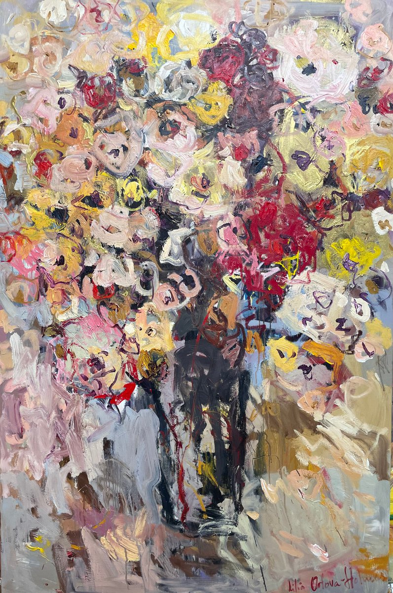 Expressive Botanical Oil Painting By Lilia Orlova-Holmes, 39 X 59", Vase Of Flowers., Original Artwork