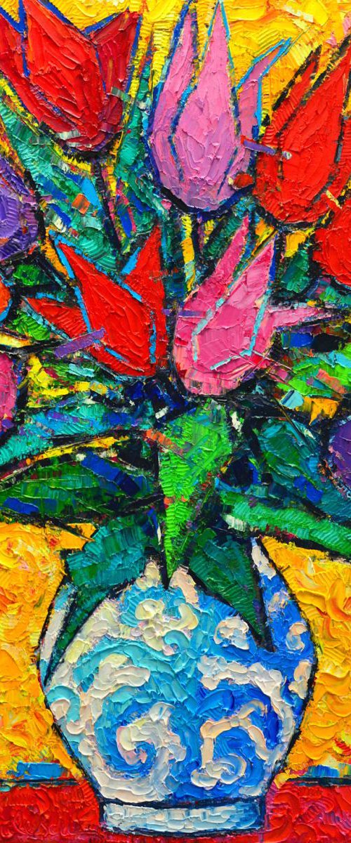 COLOURFUL TULIPS - modern impressionist palette knife oil painting by ANA MARIA EDULESCU