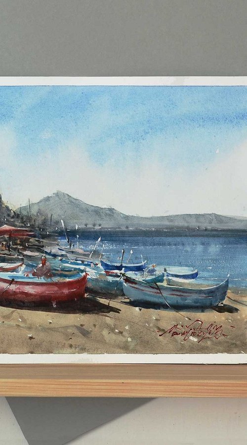 Sicily, boats on the beach, original watercolor painting by Marin Victor