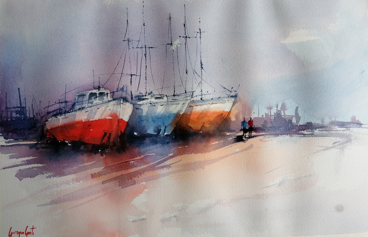 Impressionistic Watercolour , Boats 92 By Giorgio Gosti, 21 X 14, Artwork For Sale On Artfinder