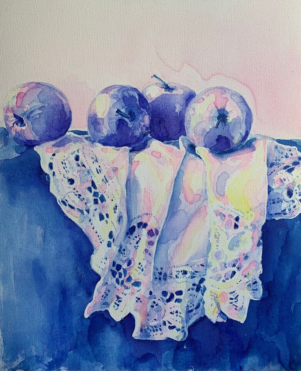 Impressionistic Still Life Watercolour By Alina Lobanova, 20 X 24, Blue Apples, Original Artwork