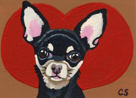 ACEO ATC Original Painting Black and Tan Chihuahua Valentine Pet Dog Art-Carla Smale