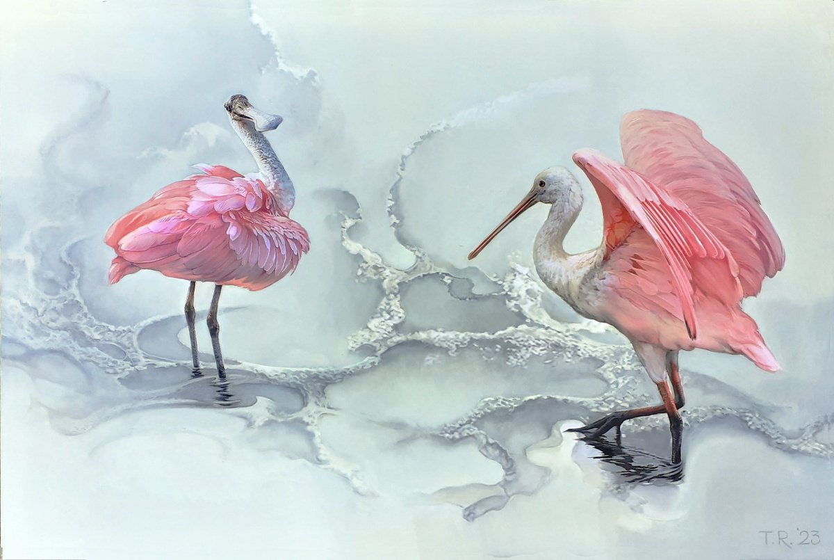 Impressionistic Animal Oil Painting By Tatiana Rezvaya, 47 X 31", 2 Roseate Spoonbills, Original Artwork