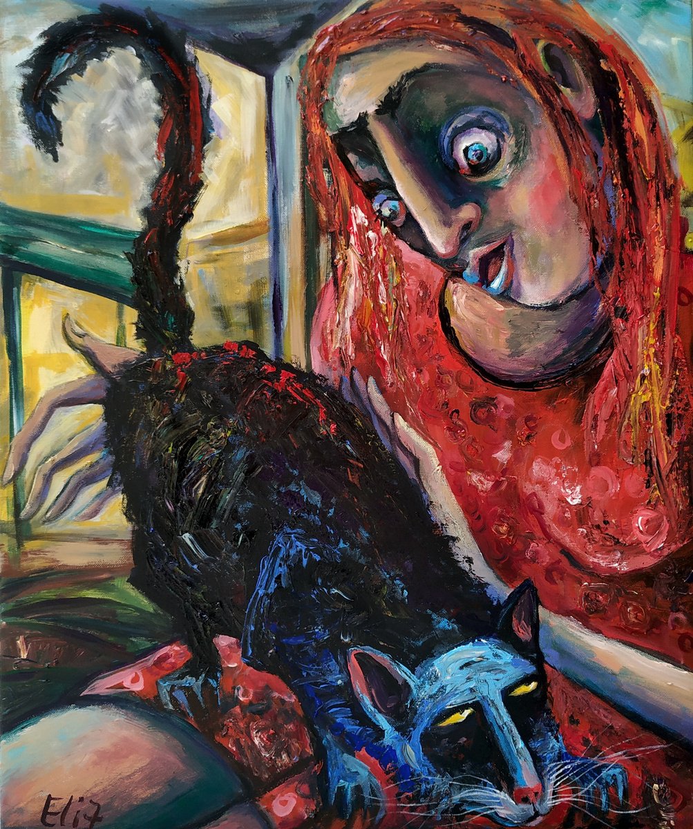 Expressive Animal Acrylic Painting By Elisheva Nesis, 20 X 24, Kneel Up, Original Artwork