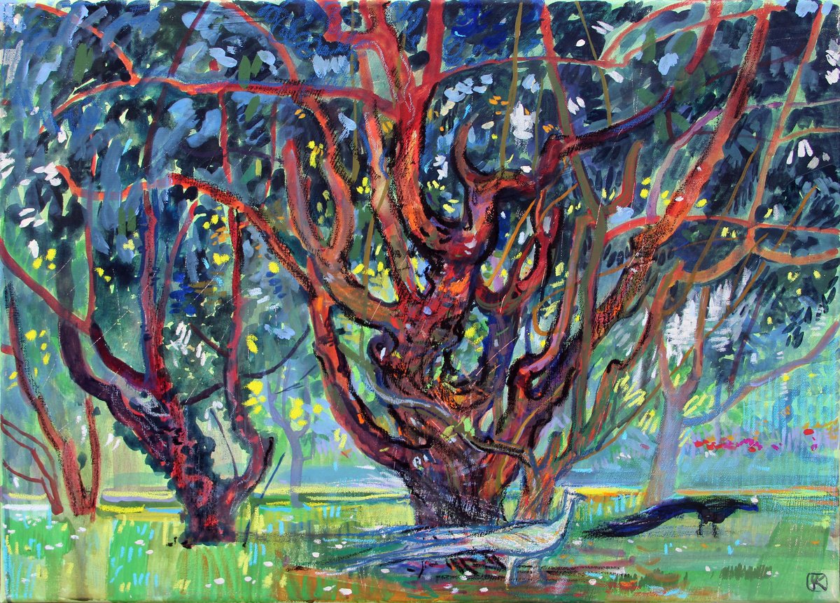 Impressionistic Landscape Acrylic Painting By Olga Kataeva-Rochford, 28 X 20", Sunny Orchard, Original Artwork