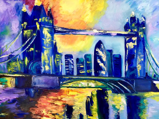 London night, Tower bridge, impressionism.City of London, River Thames, water reflections, sunset, palette knife painting,   variations of blue colours: ultramarine, navy blue, turquoise, sky blue, cobalt, palette knife original artwork.