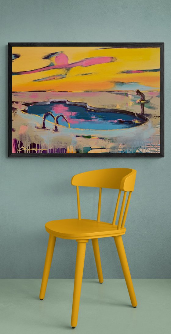 Bright painting - "Boy with float" - Pop Art - Landscape - Swimming pool