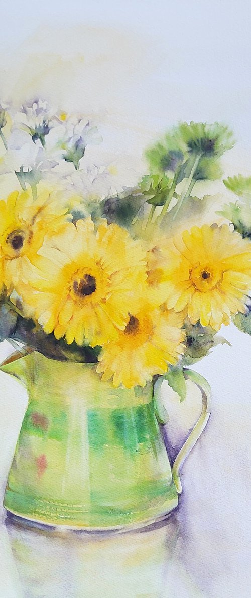 Yellow Gerberas and mums by Anjana Cawdell