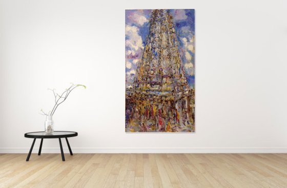 MYLAPORE. INDIAN TEMPLE - original oil painting,  landscape,  pagoda India, architecture