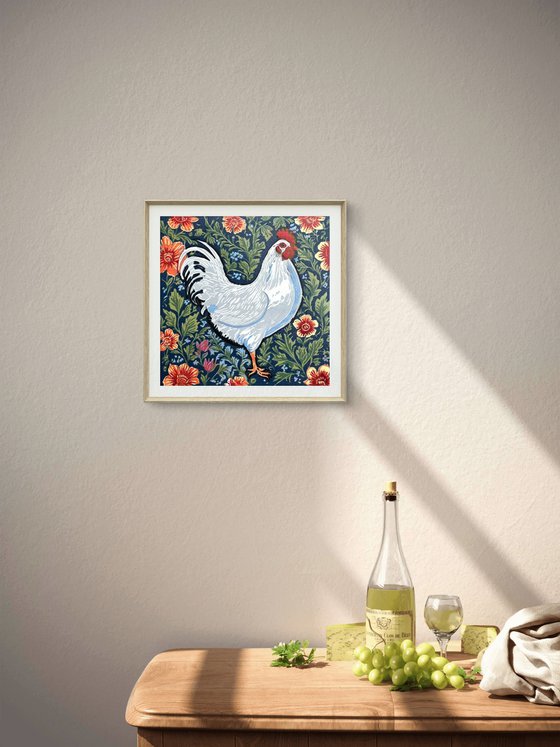 Hen – reduction linocut print