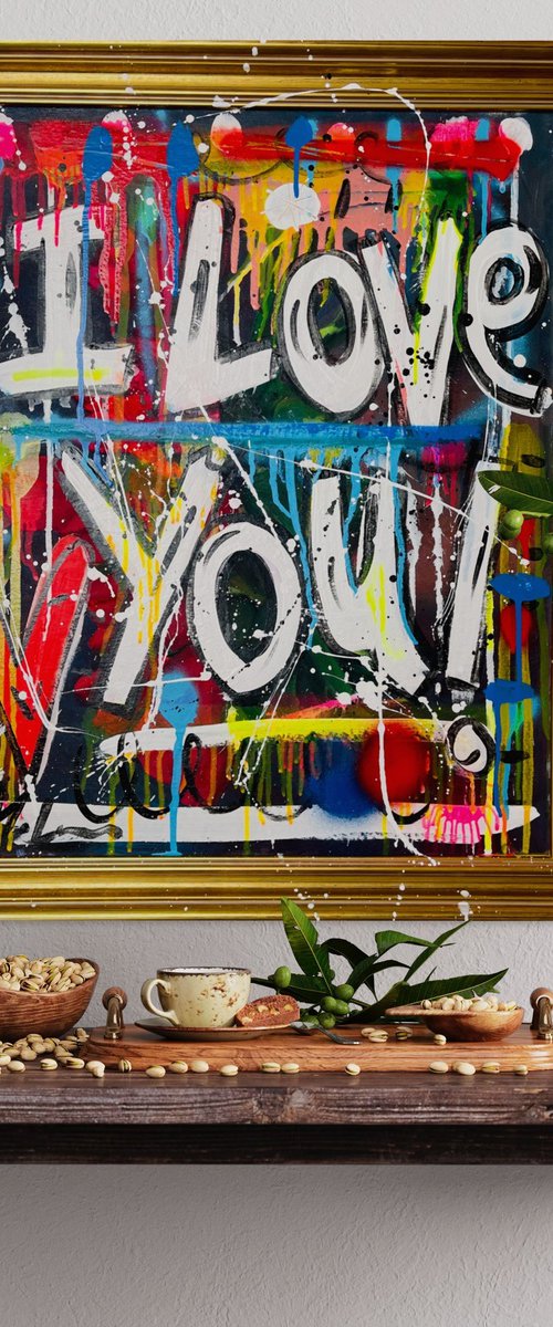 I Love U 3, with vintage frame, ready to hang by Mercedes Lagunas