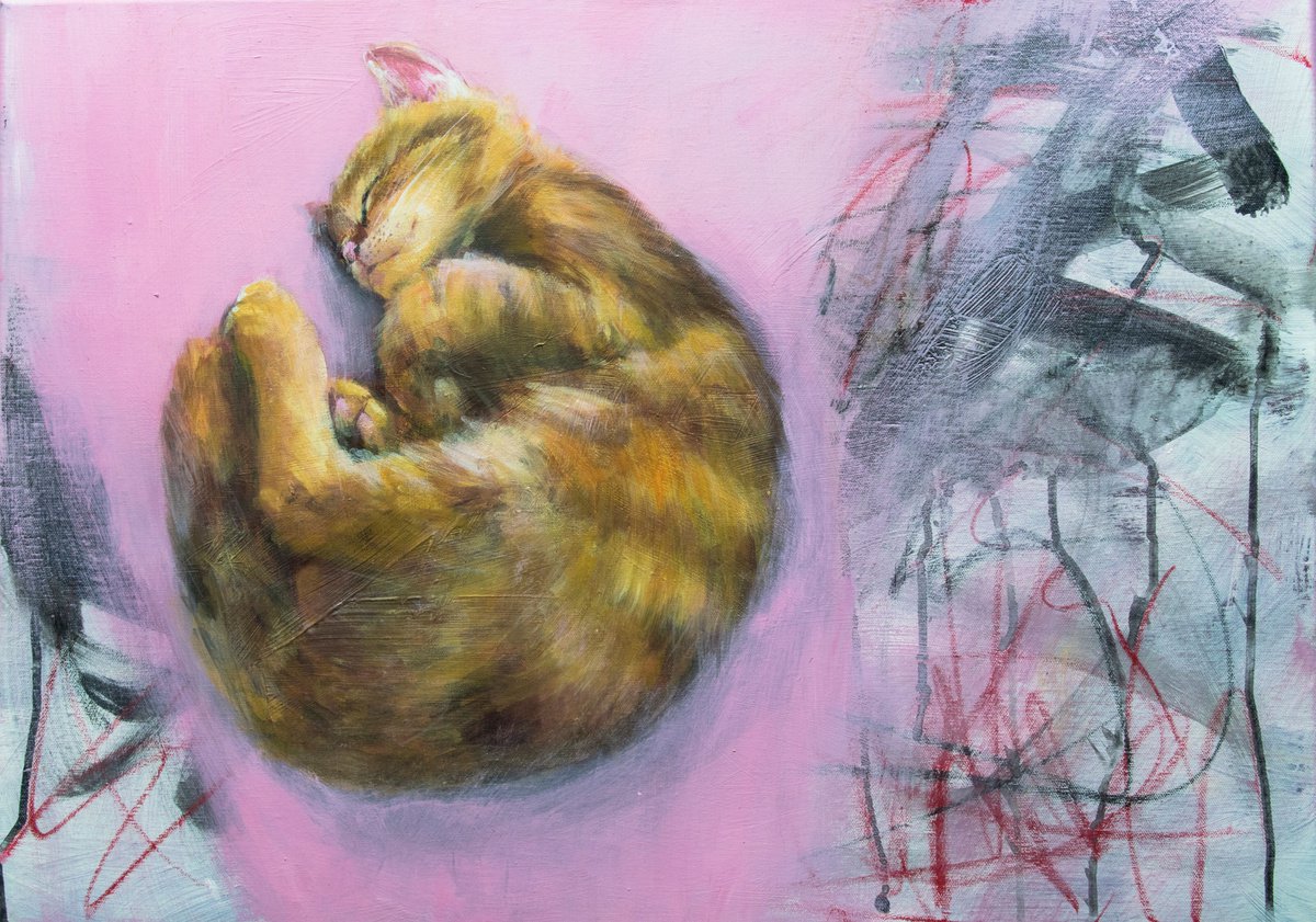 Photorealistic Animal Acrylic Painting By Olga Bezverkhaya, 28 X 20", Cat-Therapy, Original Artwork