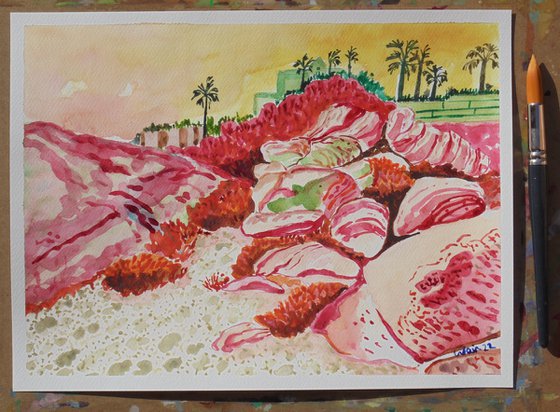 Rocks on playa los toros watercolour study