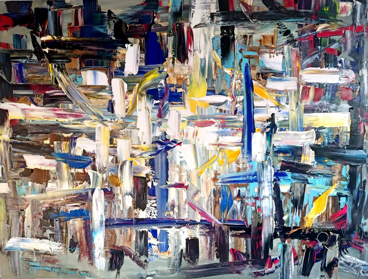 Impressionistic Abstract Oil Painting By Antonino Puliafico, 63 X 47, Ombre Grigie, Original Artwork