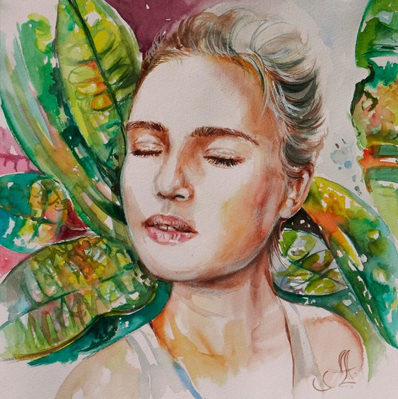 Original watercolor art, Tropical painting