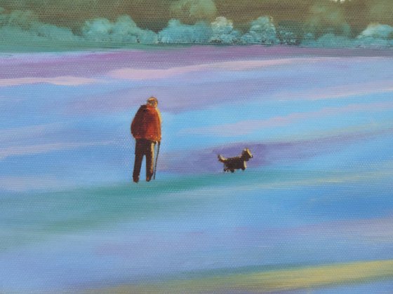 "Winter light" man and his dog sunset painting