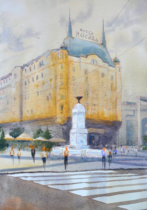 A day before Hotel Moskva Terazije Belgrade 25x36 cm 2024 by Nenad Kojić watercolorist