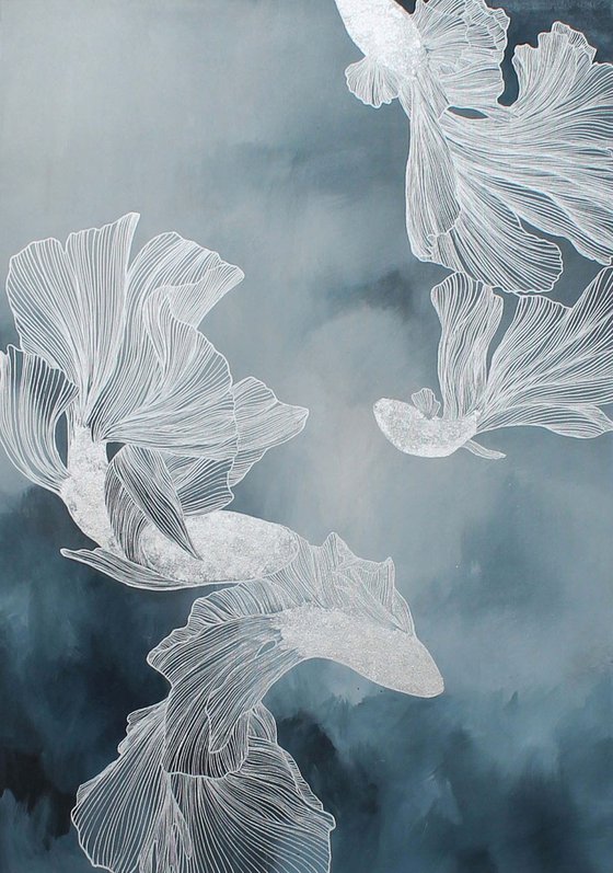 "Immensity 2" Blue silver fish abstract art