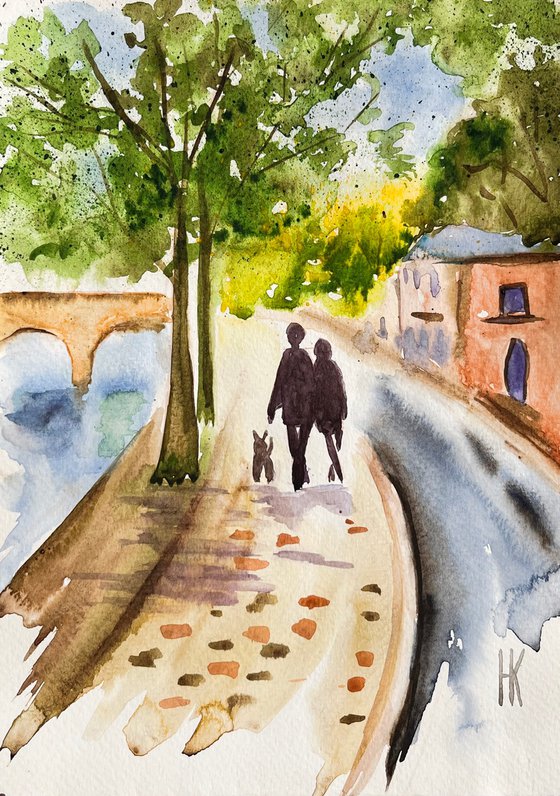 Paris Painting Cityscape Original Art Couple Watercolor Walking Dog Artwork Street Scene Small Home Wall Art 7 by 10" by Halyna Kirichenko