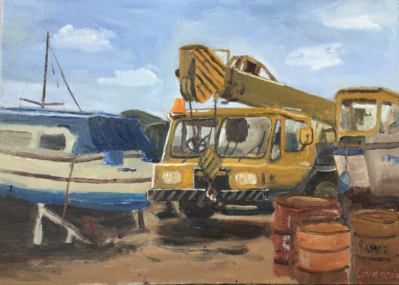 Boatyard crane, An original ‘plein air’ oil painting.