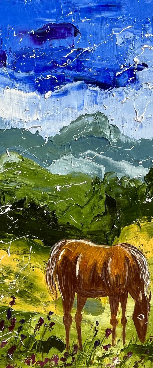 Alps Painting Mountains Original Art Swiss Alps Impasto Horse Oil Artwork Switzerland Home Wall Art 12 by 16 by Halyna Kirichenko by Halyna Kirichenko