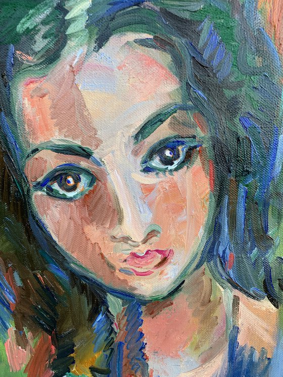 PORTRAIT OF A BEAUTIFUL ISRAELI WOMAN  female portrait, beautiful face, original oil painting, love, young girl 65x50