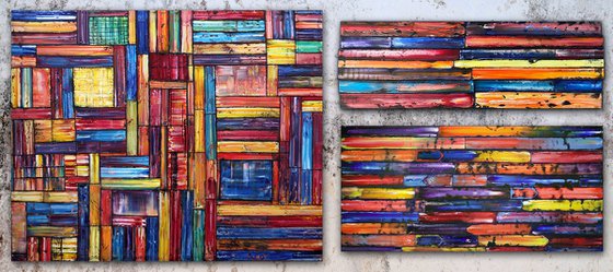 "Building A Fortress" - Original Xt Large PMS Abstract Triptych Oil Paintings On Canvas, Wooden Panels and Wooden Pieces - 108" x 48"