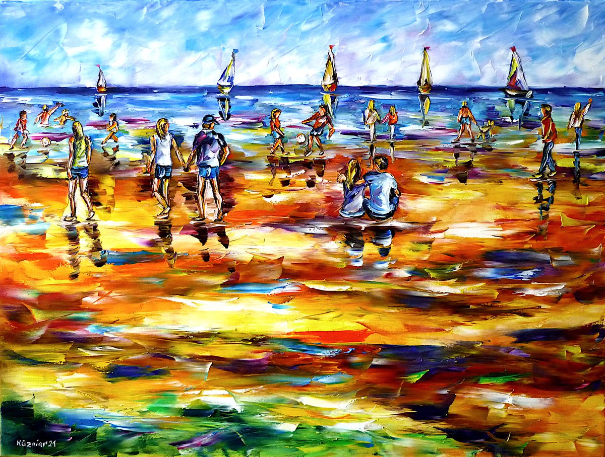 Expressive Landscape Oil Painting By Mirek Kuzniar, 31 X 24", Beach Life, Original Artwork