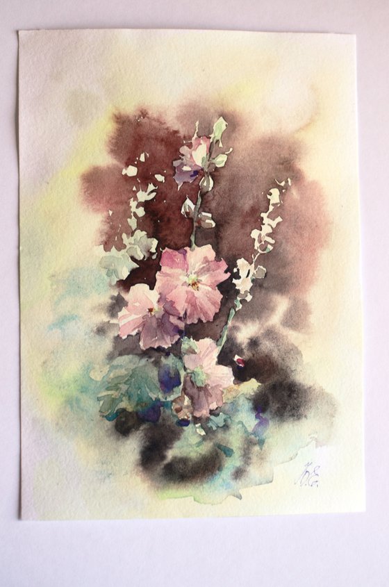 Pink Hollyhocks, Small watercolor art, Wild mallow flowers gift