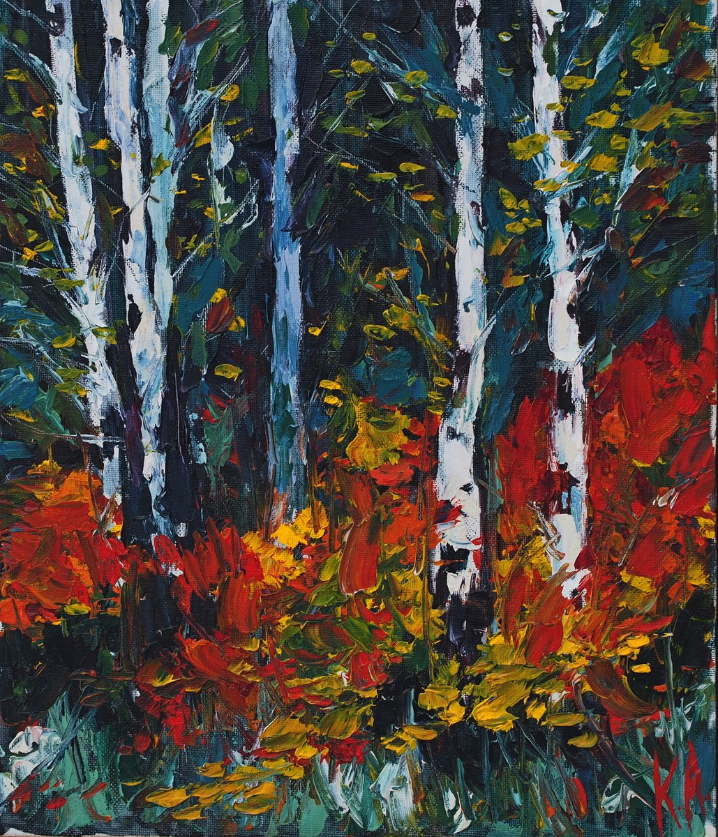 Impressionistic Landscape Oil Painting By Alfia Koral, 12 X 14, Autumn Forest, Original Artwork